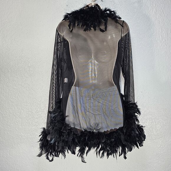 Vtg Frederick's of Hollywood Black Feather Trim Mesh Short Robe L/XL Boho Glam - Picture 2 of 7